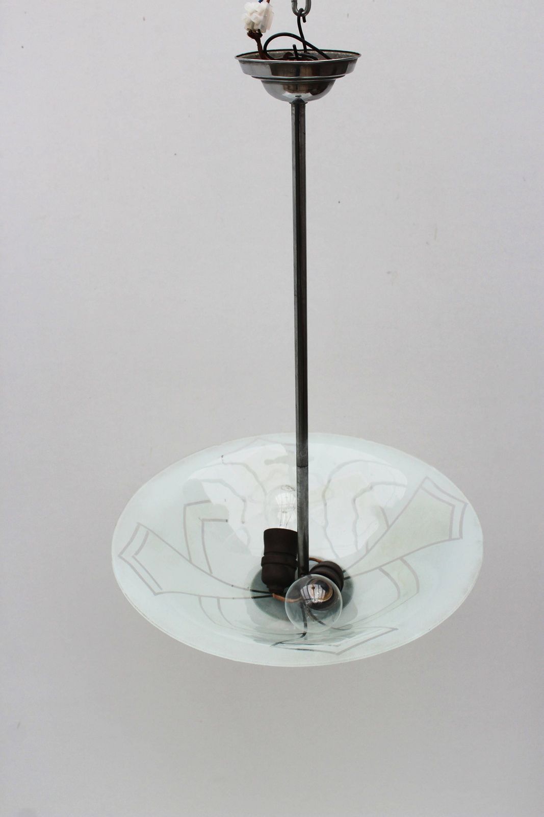 Authentic Chrome Artdeco Pendant Art Deco Iridescent Ice Glass Shade 1920 Frosted Ceiling Light Chandelier Lamp Mat 1930 Design Chrome photo vinterior