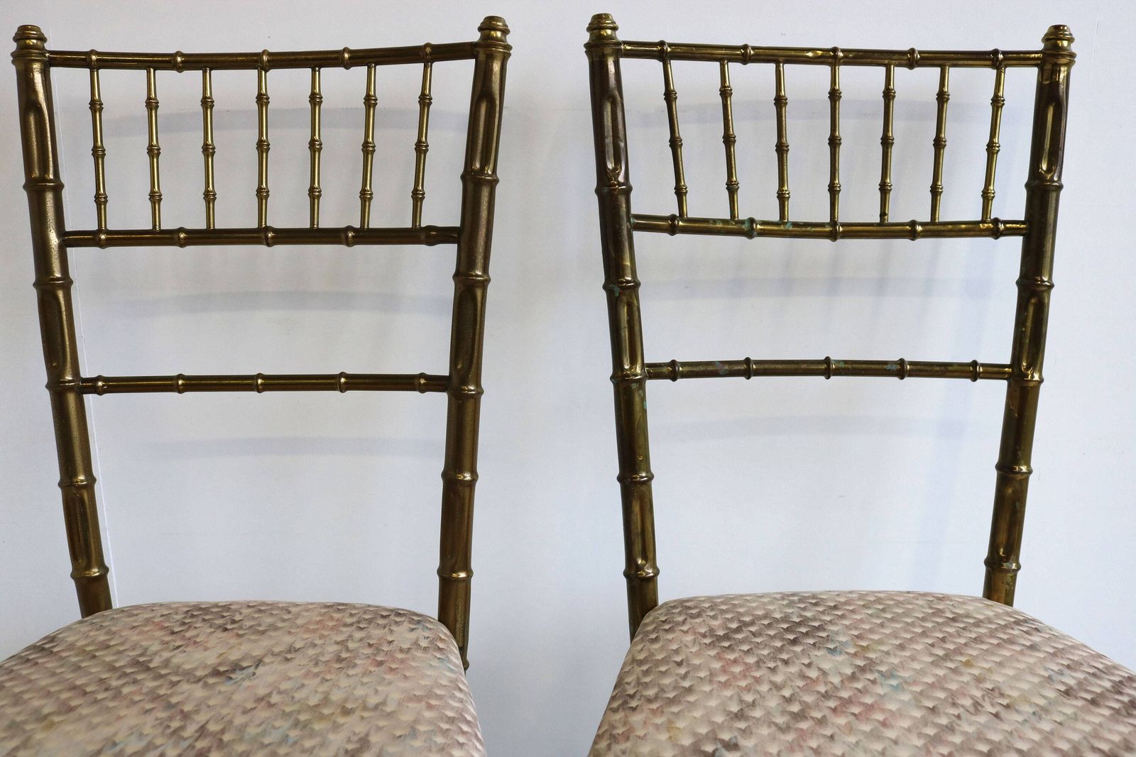 Set Of Two Chiavari Chairs Casted Brass Faux Bamboo Chairs Gilt Iron Couple Pair Bedroom Side Chairs Italian Mid Century Modern 50s photo for sale