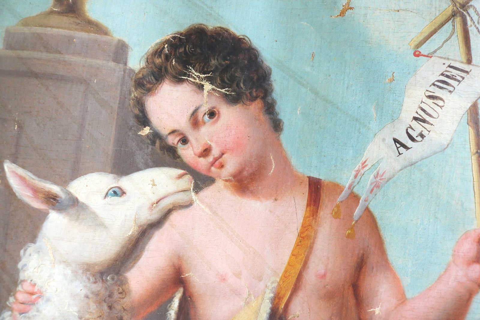 Double Flag Of St. Eligius And Lamb Of God Little Jesus Agnus Dei Antique Fabric Church Banner Eloi Eloy Hand Painted Procession / Altar photo vinterior