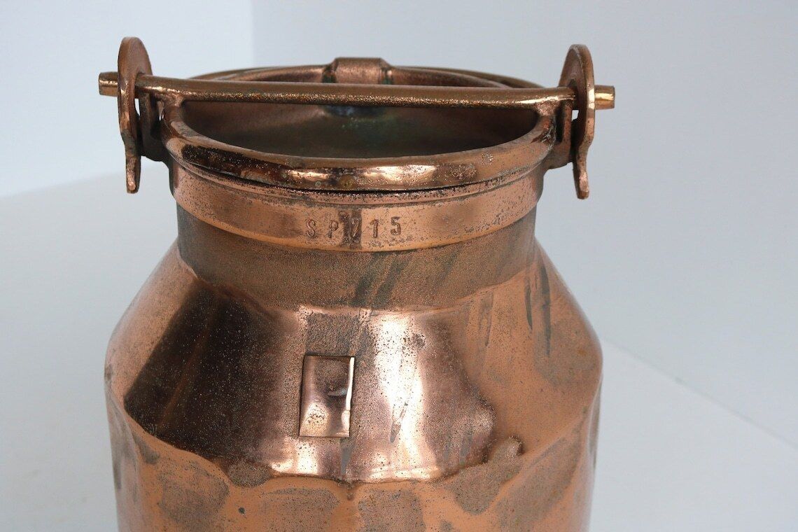 Antique Copper Plated Milk Container "Sp715", 1900s Milk Jar Umbrella Stand Holder Country Style Authentic Can Farm Late 19th Century photo for sale