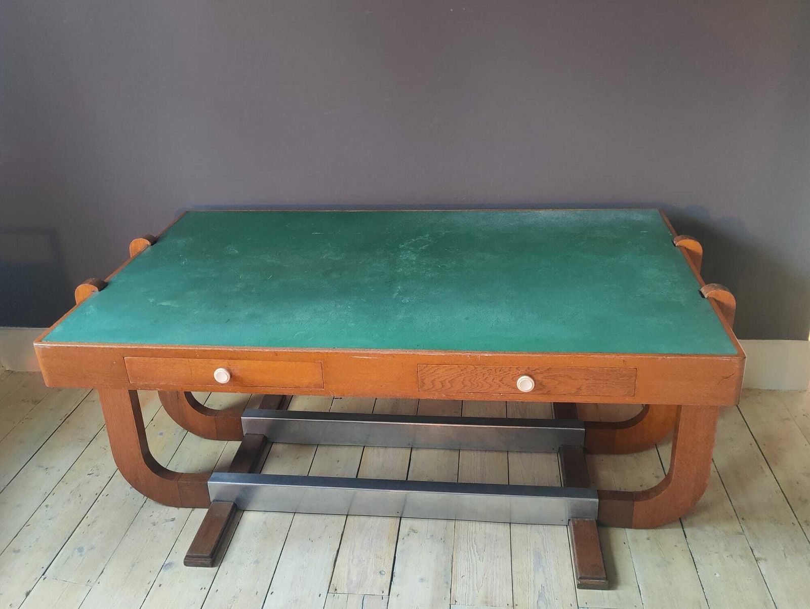 Art Deco Mid Century Desk, Oak And Green Vinyl, Unusual And Elegant photo for sale