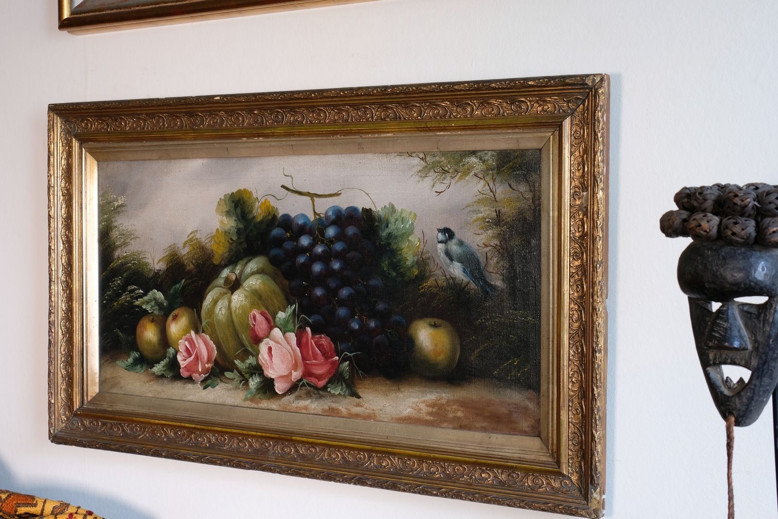 photo furniture Still Life Oil Painting Of Fruit Flowers And A Blue Tit   Circa 1880s