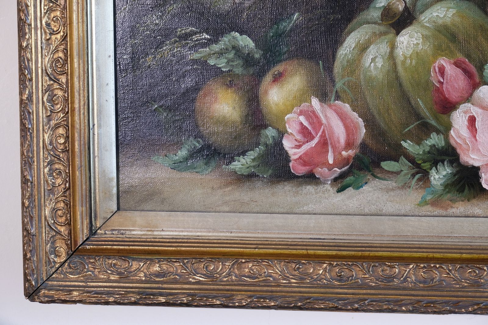 photo for sale Still Life Oil Painting Of Fruit Flowers And A Blue Tit   Circa 1880s