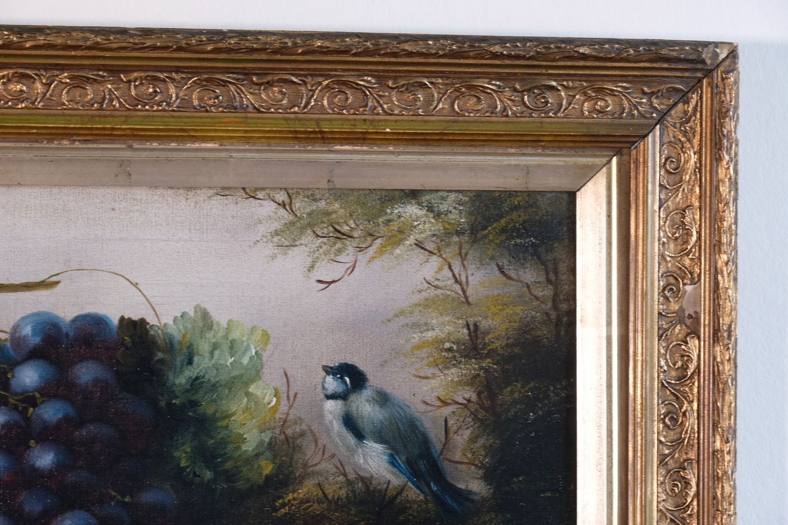 Art Still Life Oil Painting Of Fruit Flowers And A Blue Tit   Circa 1880s photo