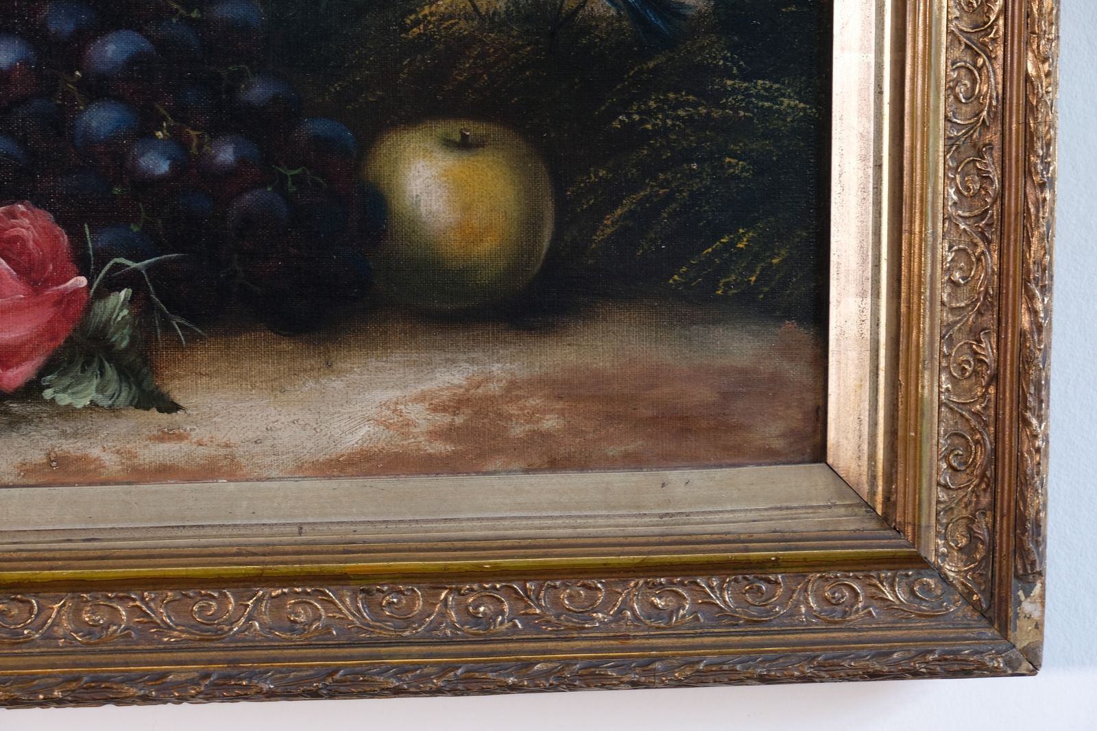 photo vintage Still Life Oil Painting Of Fruit Flowers And A Blue Tit   Circa 1880s