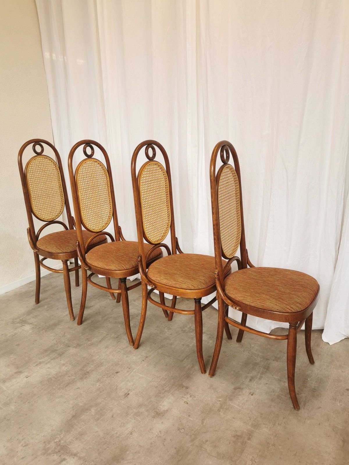 1 Of 4 Vintage High Backrest Dining Chairs / 1970s Thonet Style Bentwood Dine Chairs / Cane Back Fabric Seat / Mid Century Wooden Chairs photo vintage