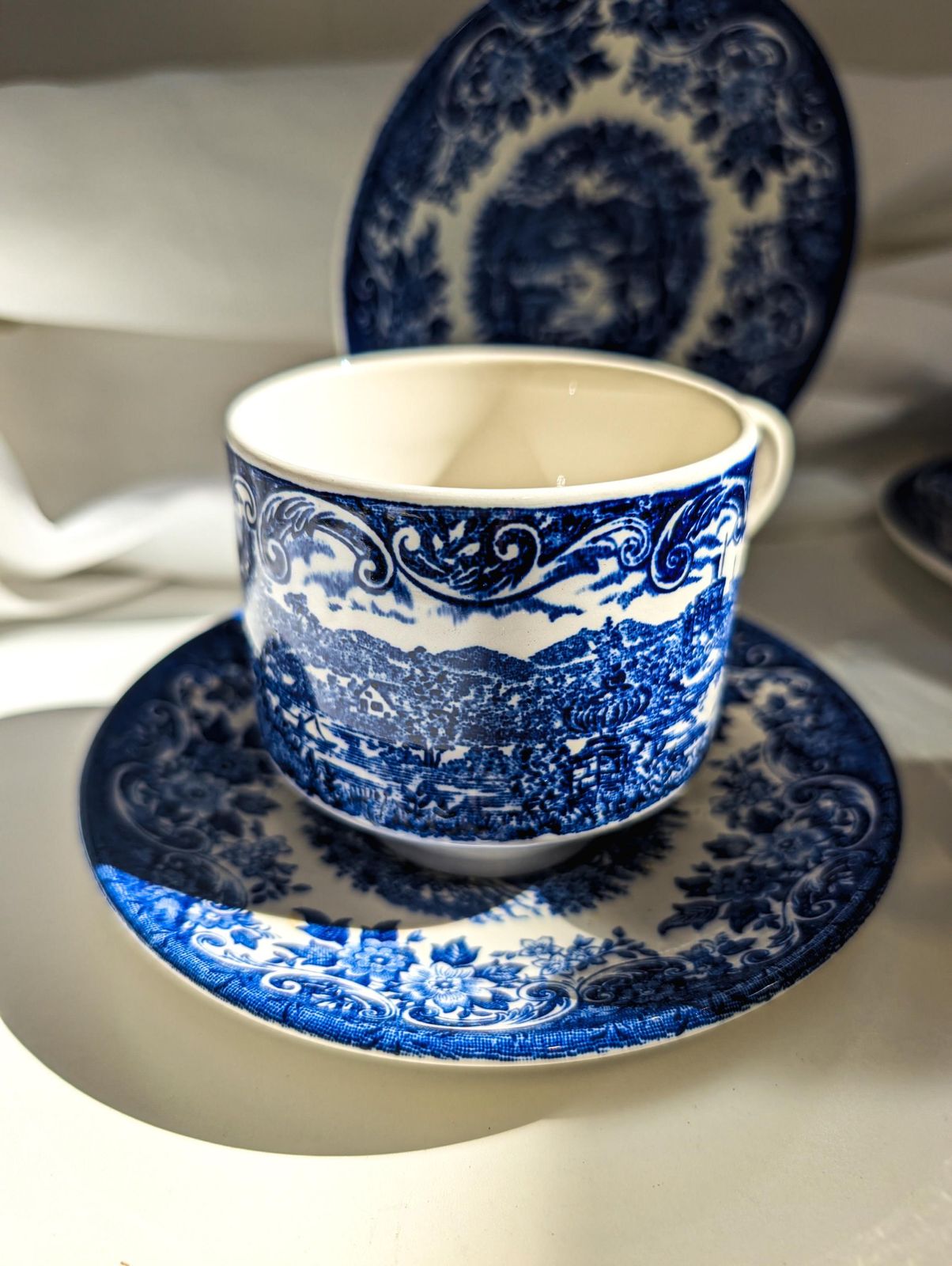 James Broadhurst Blue Transferware Ironstone Set Of 5 Tea Cups & Saucer Est. 1847. Made In England Blue And White, Country Cottage Core Chic photo furniture