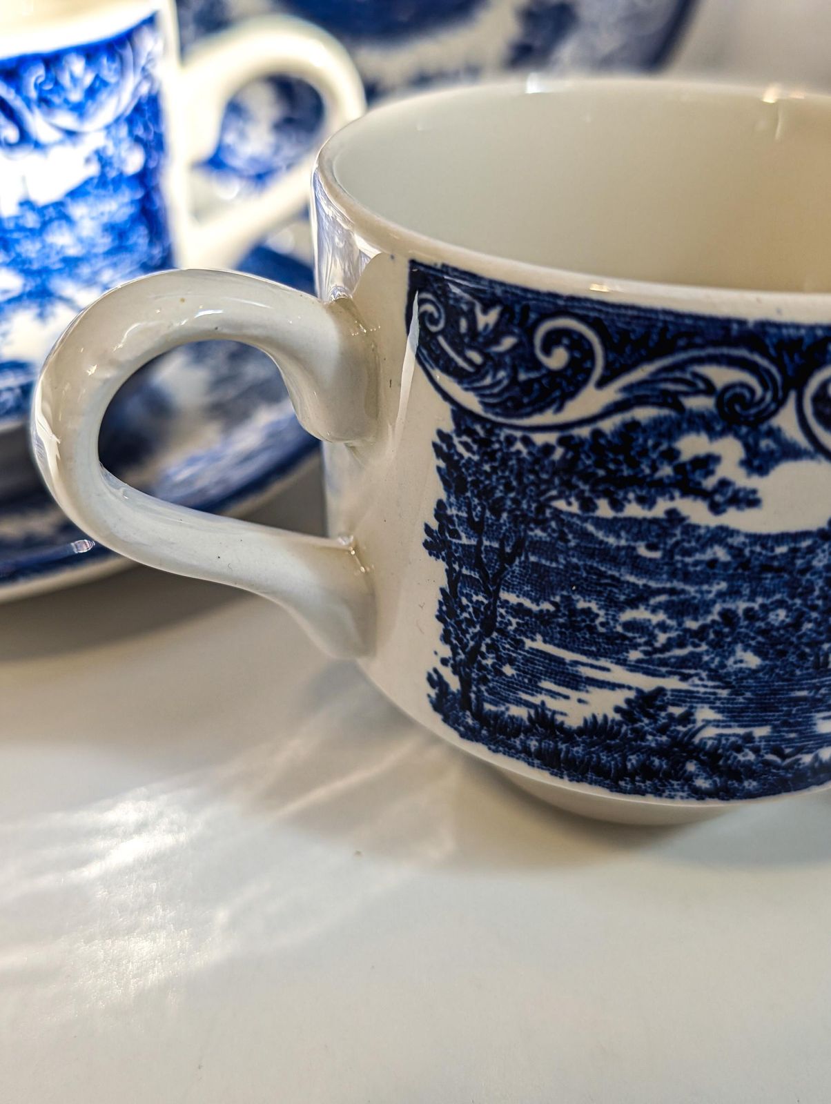 James Broadhurst Blue Transferware Ironstone Set Of 5 Tea Cups & Saucer Est. 1847. Made In England Blue And White, Country Cottage Core Chic photo buy