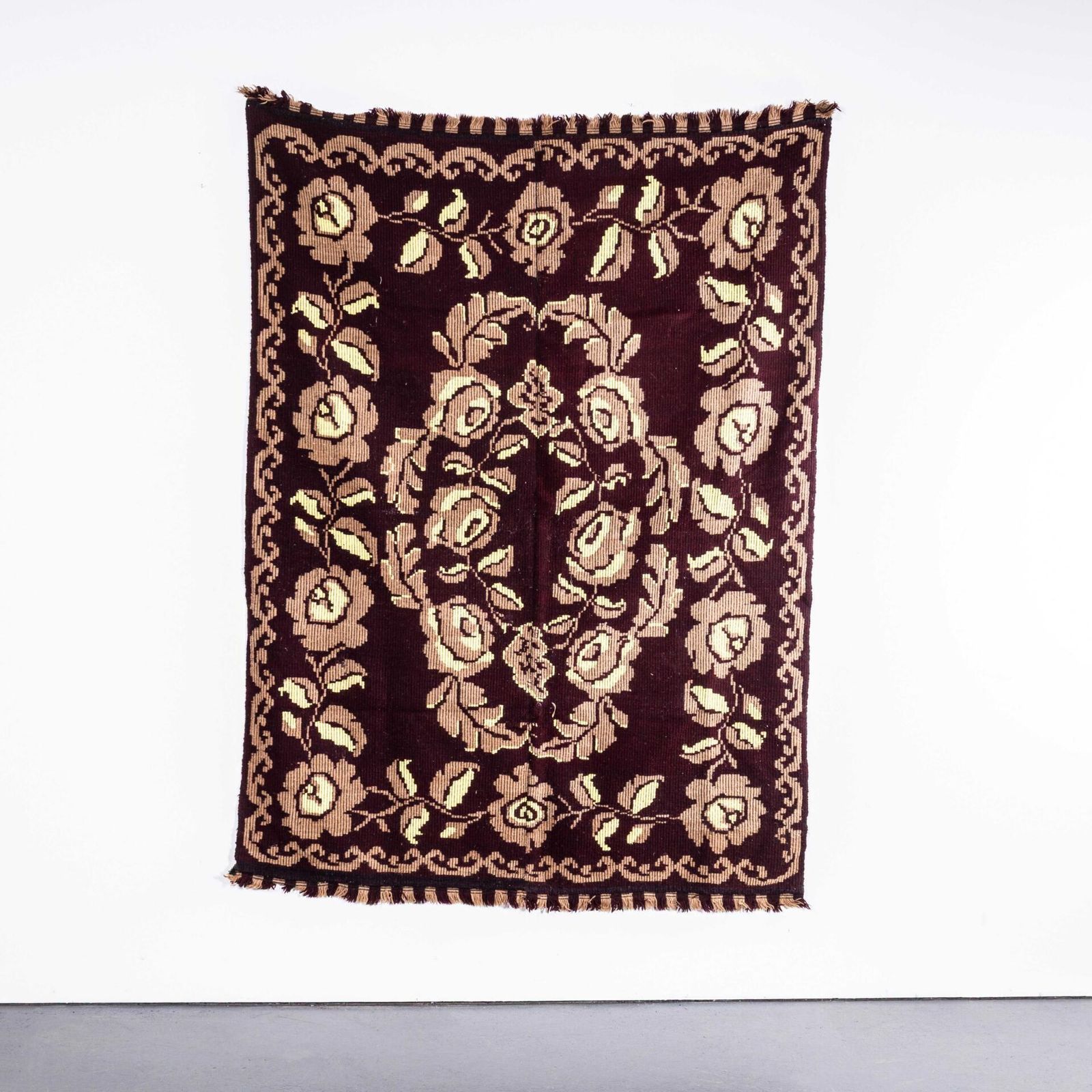 1950’s Handmade Maroon & Yellow Rose Patterned Folk Hungarian Wool Bedspread
