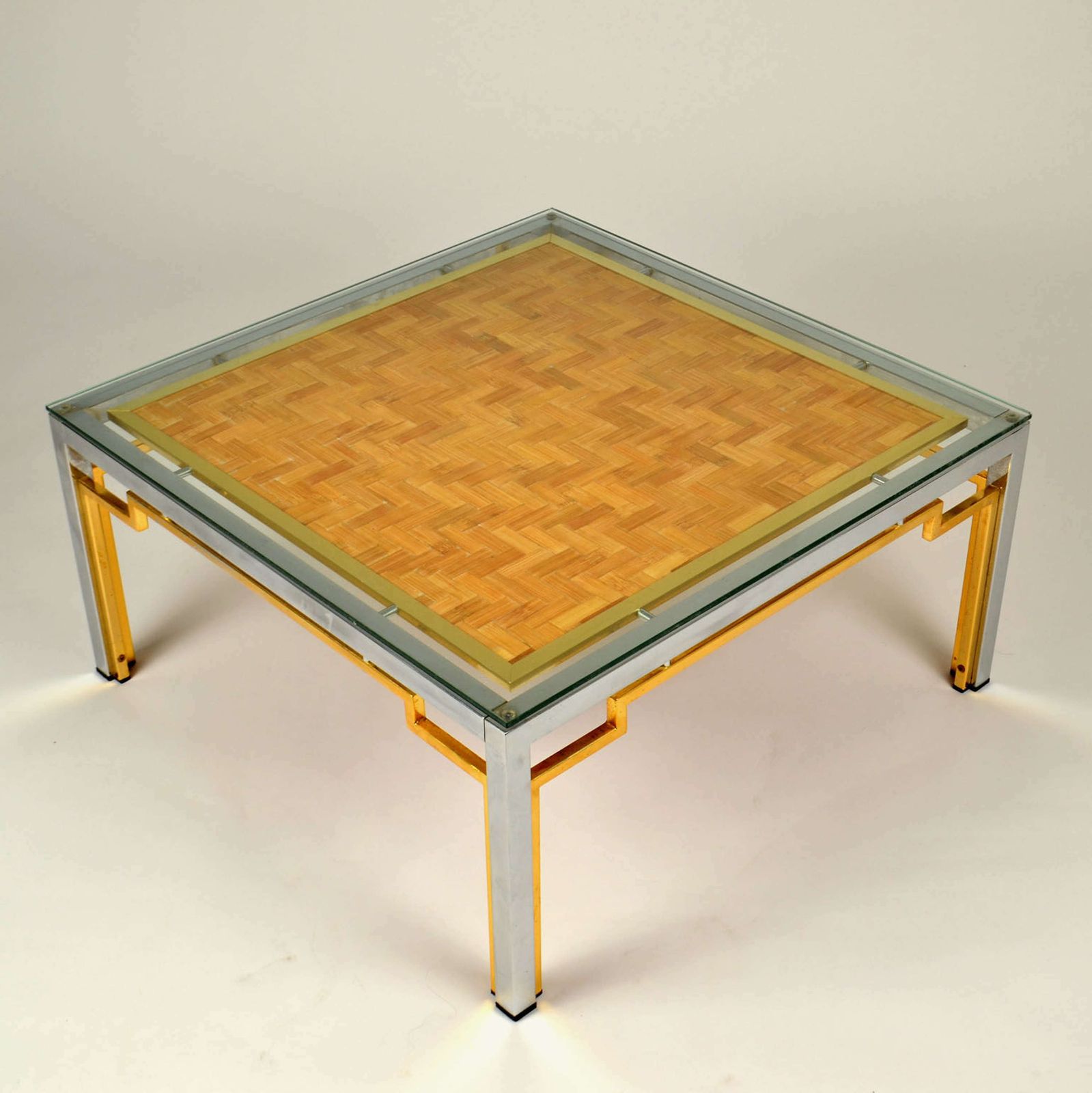 Pair Of Italian Coffee Tables Bamboo Top, Chrome & Gilded Brass Frame photo 2750.0