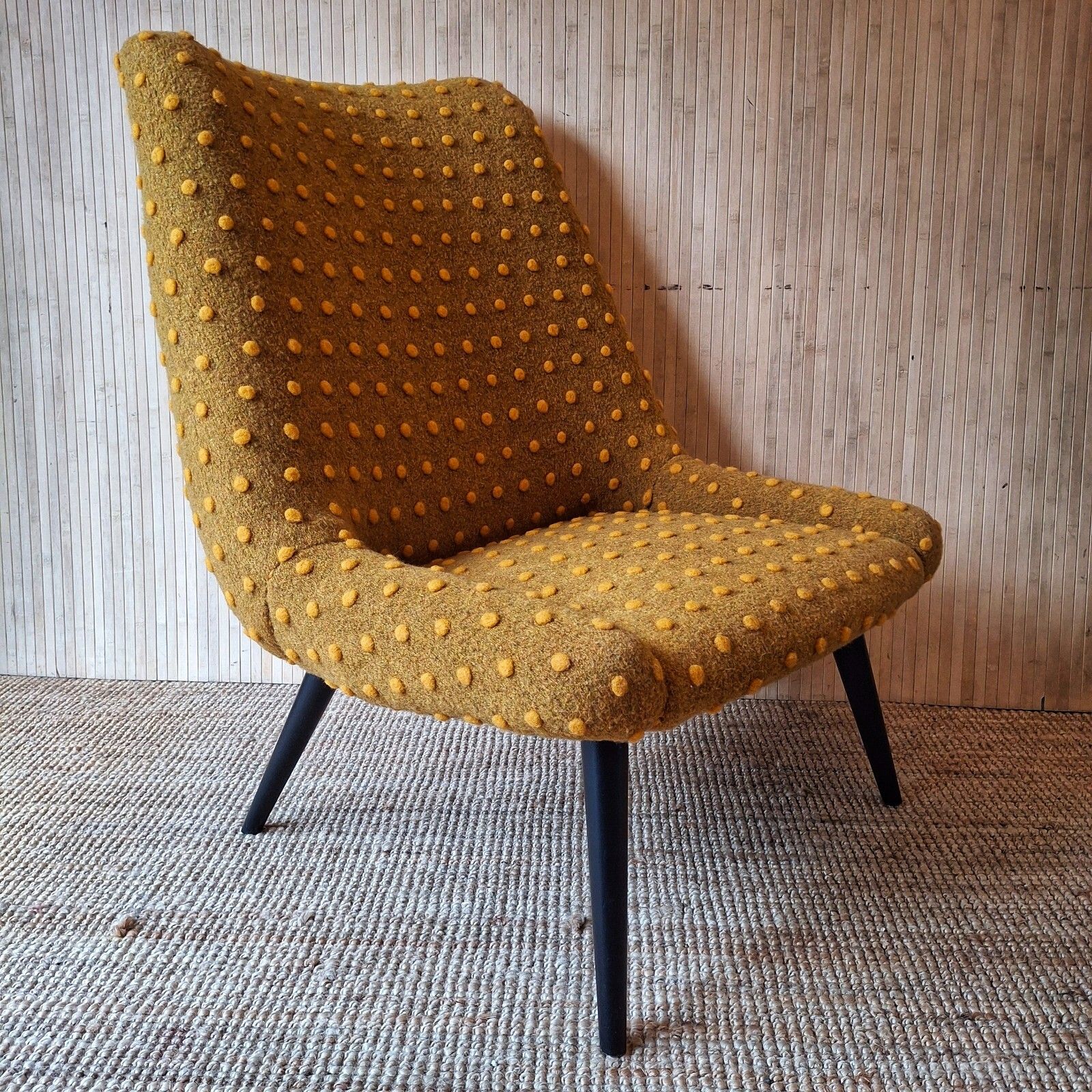 Fab Vintage Retro Mcm Easy Lounge Chair Yellow Spotty Wool Black Atomic Legs