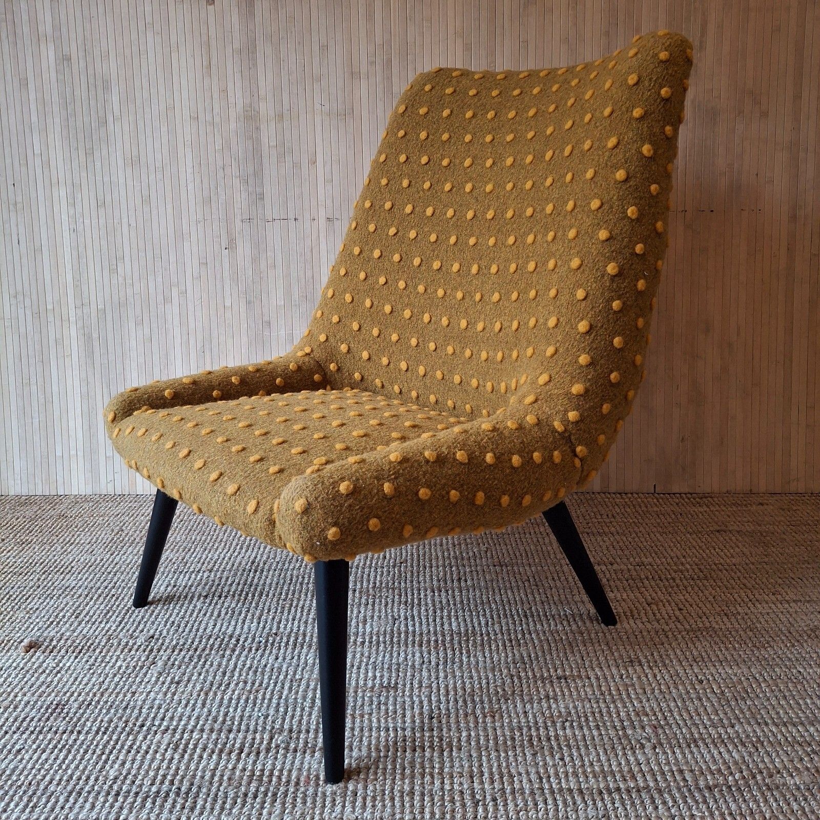 Fab Vintage Retro Mcm Easy Lounge Chair Yellow Spotty Wool Black Atomic Legs photo Furniture