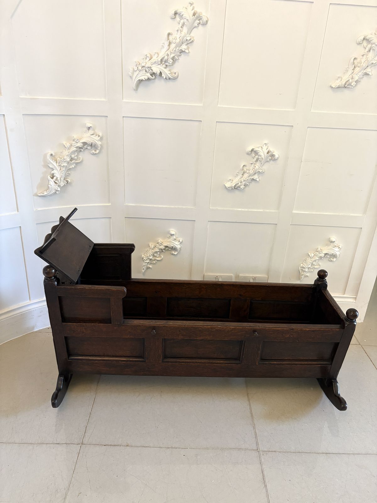 Antique William And Mary Quality Oak Panelled Rocking Crib photo vintage