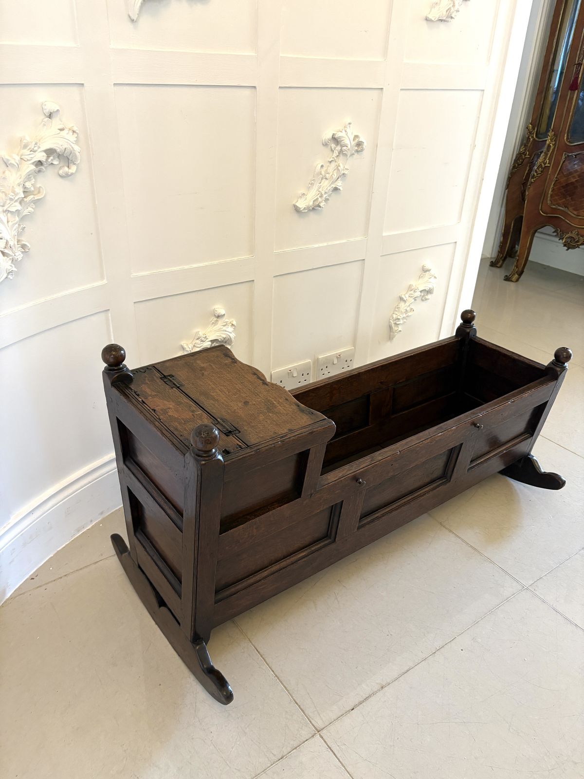 1645.0 Antique William And Mary Quality Oak Panelled Rocking Crib photo