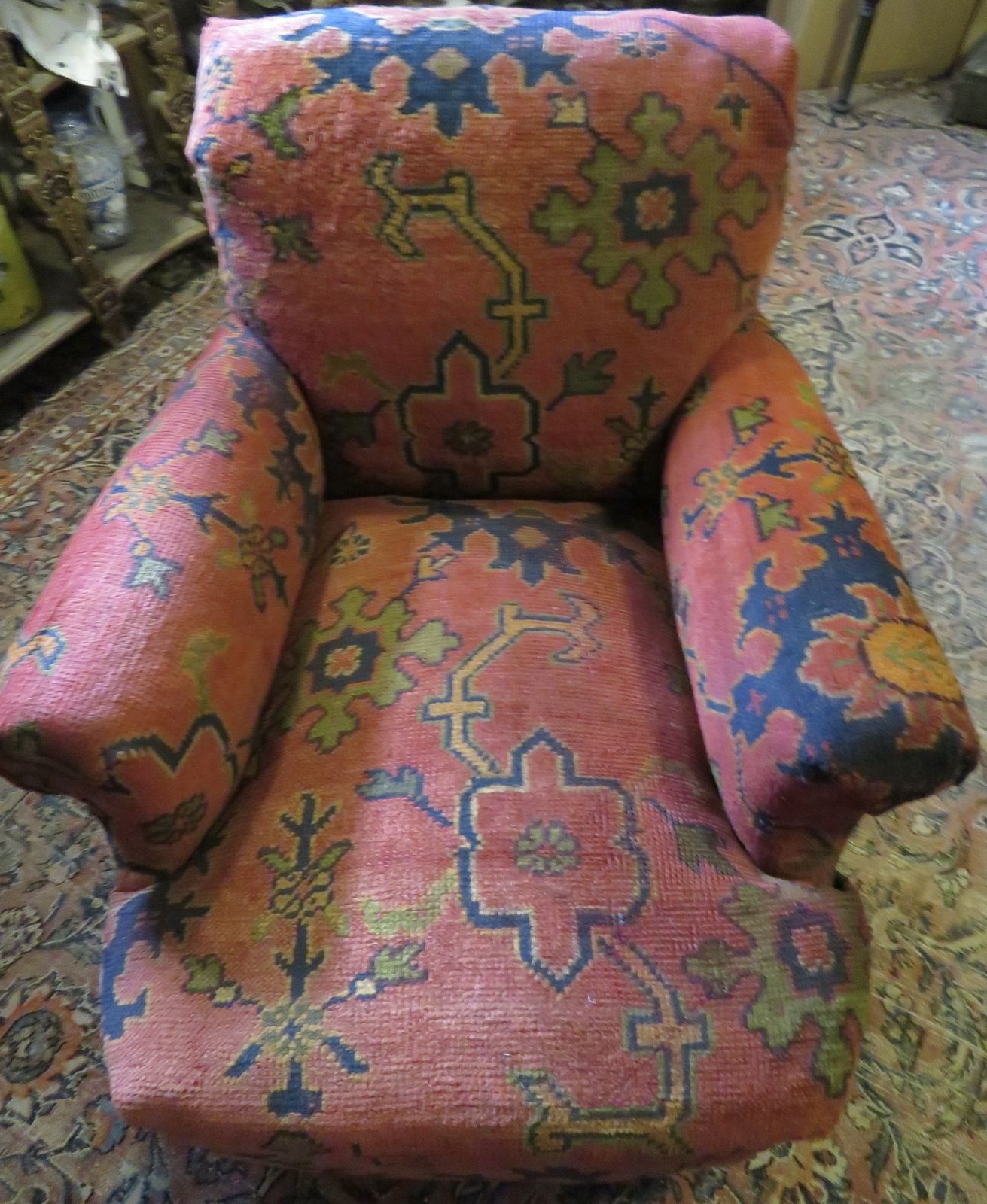 Howard And Sons "Ushak Turkey Carpet" Club Armchair. photo for sale