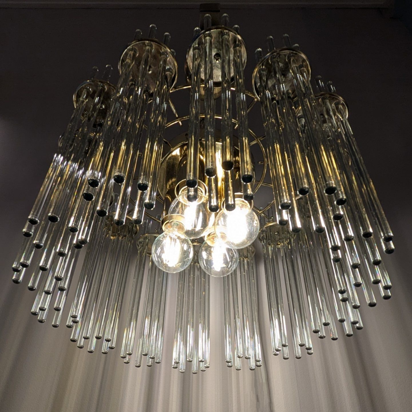Mid 20th Century Brass & Glass Rod Chandelier By Honsel Leuchten photo vinterior