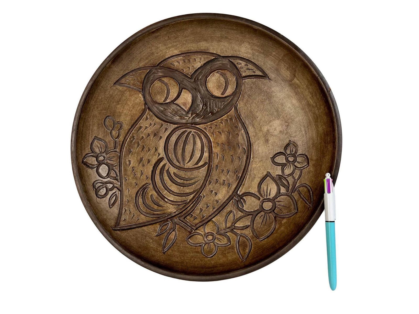 photo for sale Swiss Studio Pottery Handmade Wall Plate, Frick Ceramic Of Switzerland, 70s Dark Brown Owl Plate, Dark Brown Interior Grandpa Chic Wall Deco