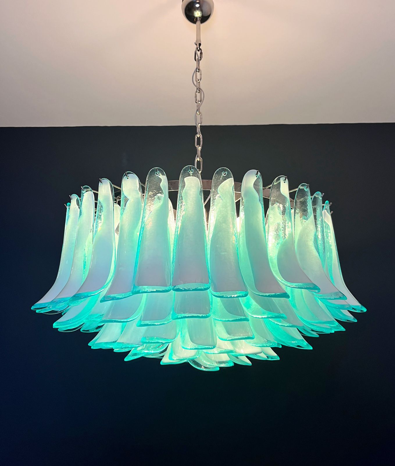 Large Murano Glass Chandelier  101 Turquoise Lattimo Glass Petal photo vinterior