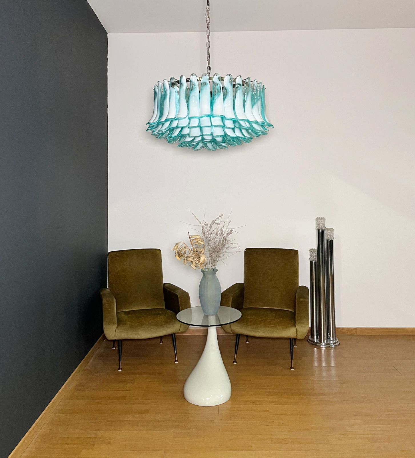 photo buy Large Murano Glass Chandelier  101 Turquoise Lattimo Glass Petal