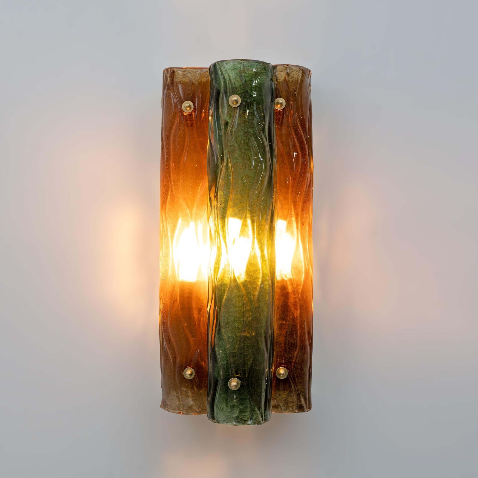 Pair Of Modern Amber And Green Murano Glass And Brass Sconces photo for sale
