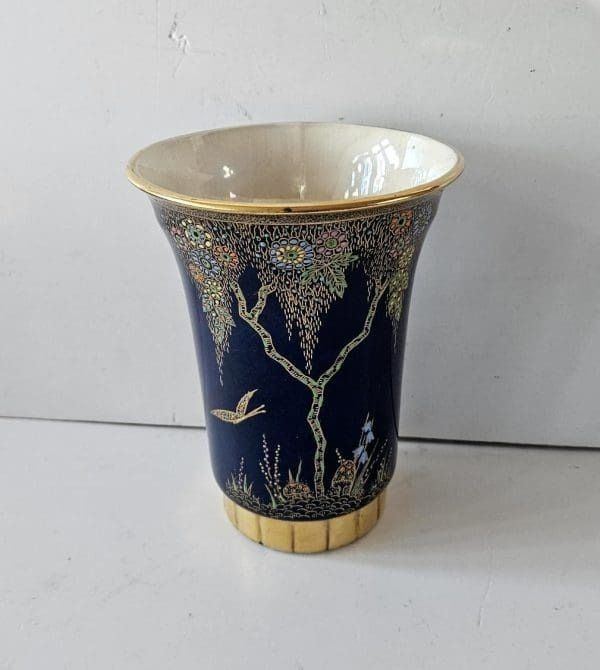 Crown Devon Art Deco Vase Enamel Tree And Butterfly On Royal Blue Lustre photo furniture