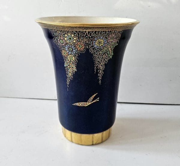 Crown Devon Art Deco Vase Enamel Tree And Butterfly On Royal Blue Lustre photo for sale