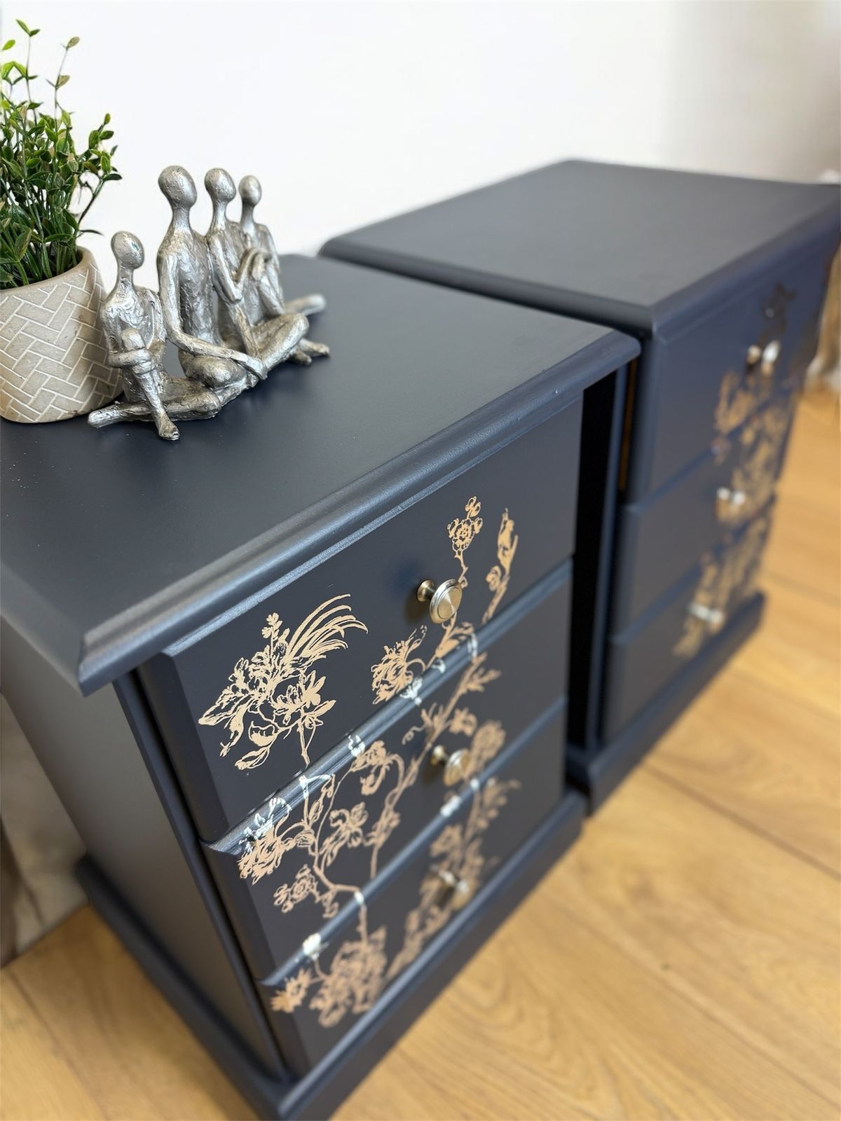 Refurbished Navy Blue And Silver 3 Drawer Bedside Tables, Refinished Pine Nightstands, Floral, Bedroom Furniture, Chrome photo for sale