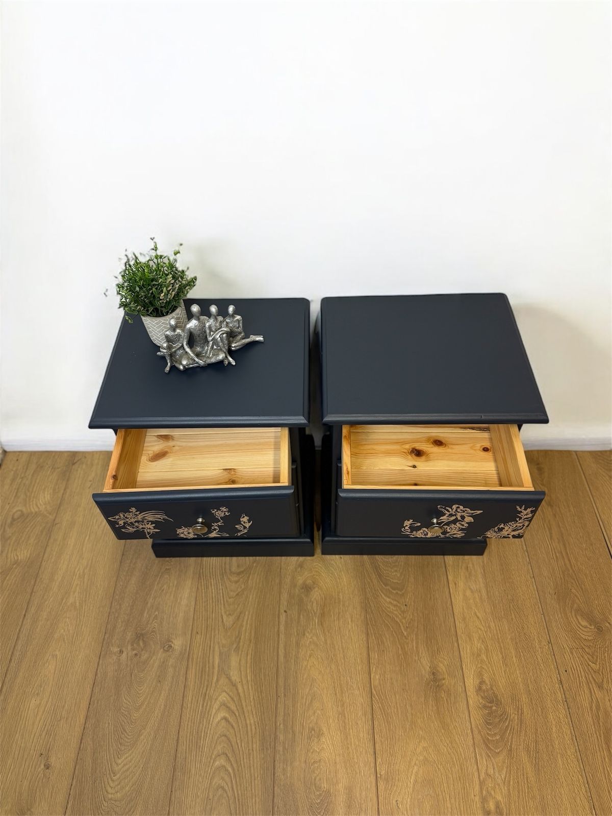 Refurbished Navy Blue And Silver 3 Drawer Bedside Tables, Refinished Pine Nightstands, Floral, Bedroom Furniture, Chrome photo buy