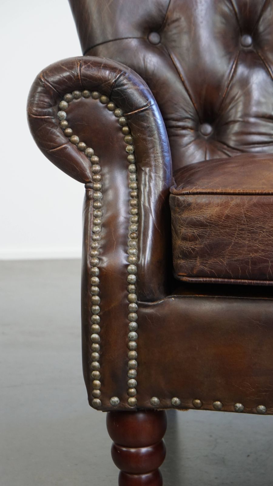 photo for sale Beautiful, Unique Cognac Colored Brown Nerfde Rundleren Chesterfield Armchair/ Armchair