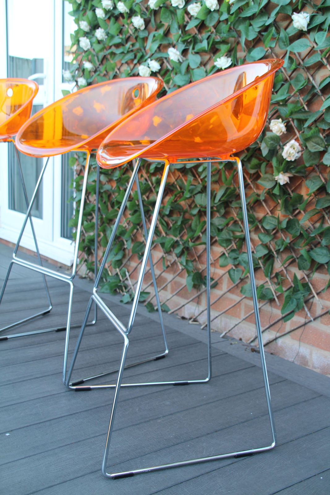 3 Pedrali Gliss Designer Stools. Italian Translucent Orange Bar Stools. photo furniture