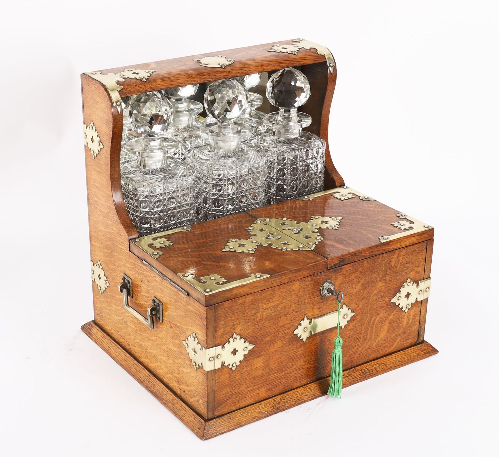 Antique 3 Decanter Golden Oak Tantalus Dry Bar Games Compendium 19th C photo furniture