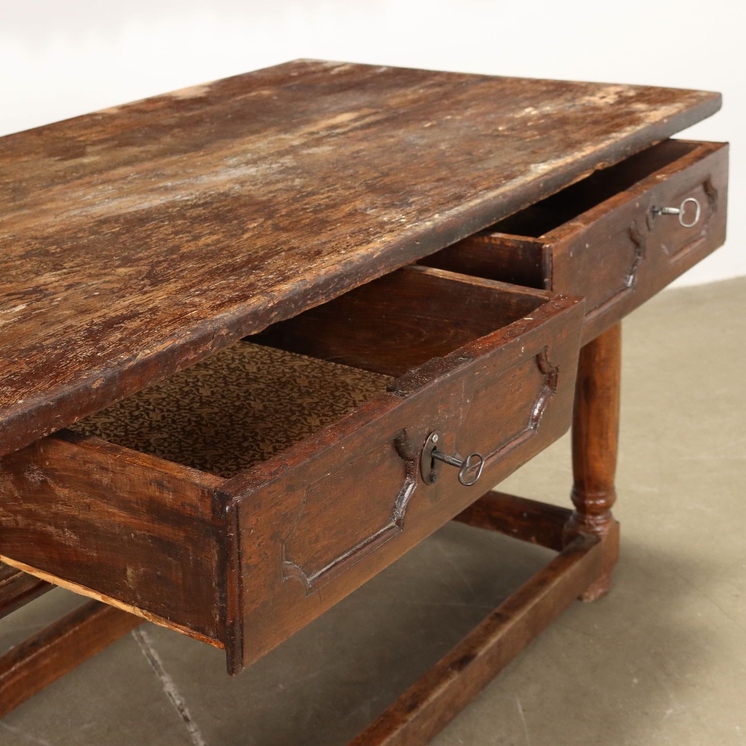 Antique Table Early XVIII Century Chestnut Shaped Feet Drawers photo for sale