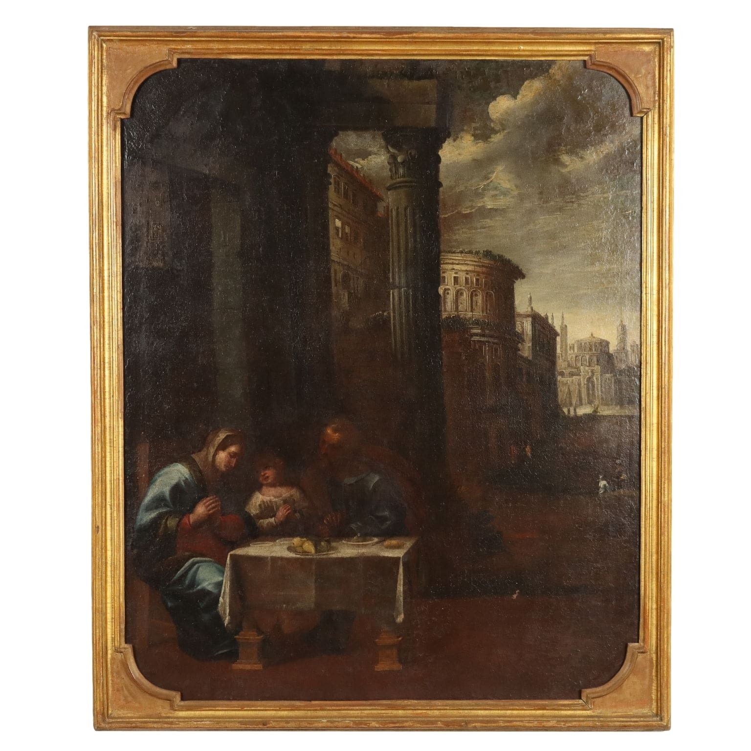 Antique Painting With The Holy Family Oil On Canvas '600