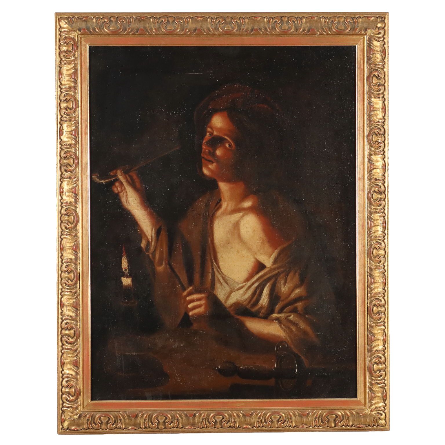 Antique Painting Young Man With A Pipe Oil On Canvas XVIII Century
