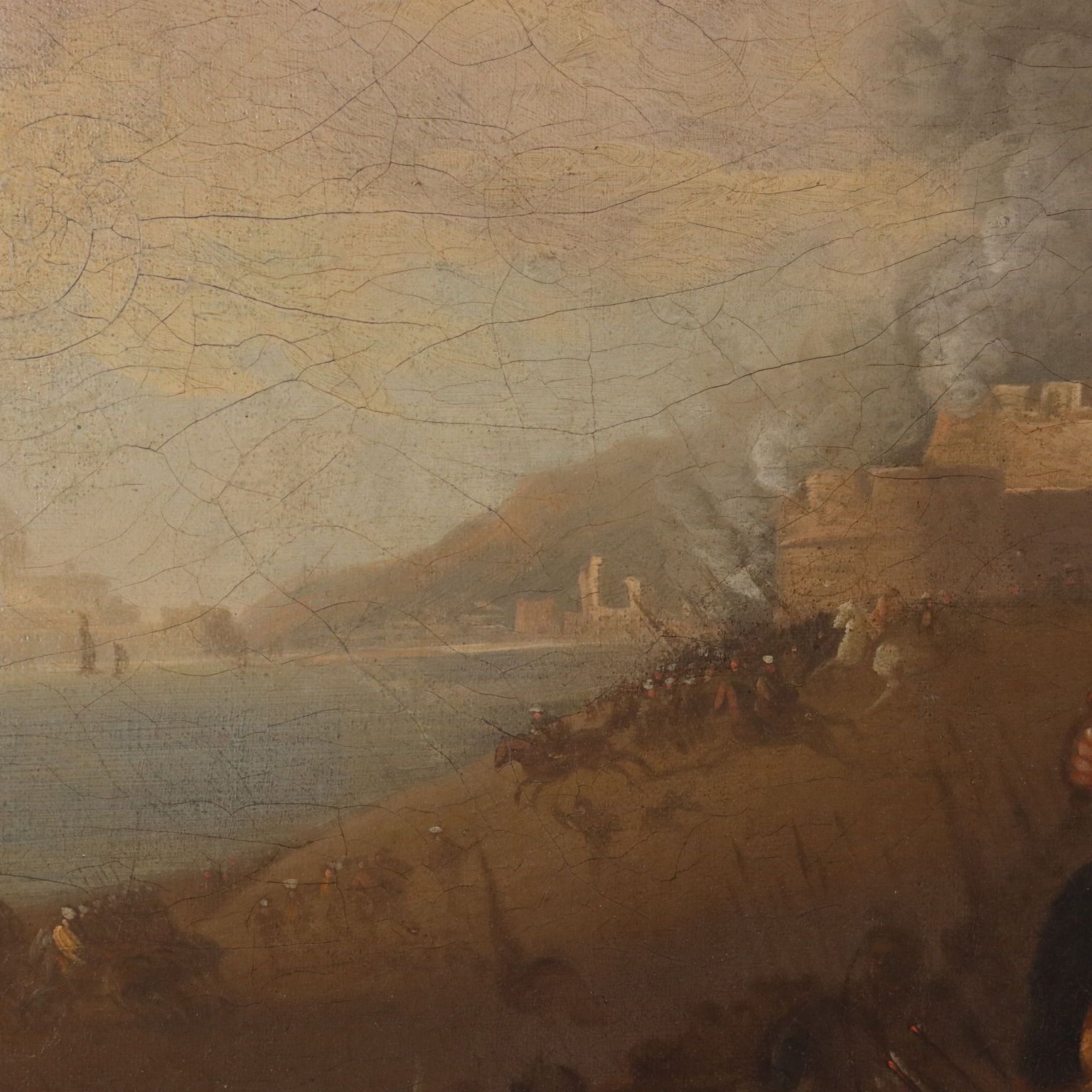 Antique Painting Battle Scene Oil On Canvas XVIII Century photo vintage
