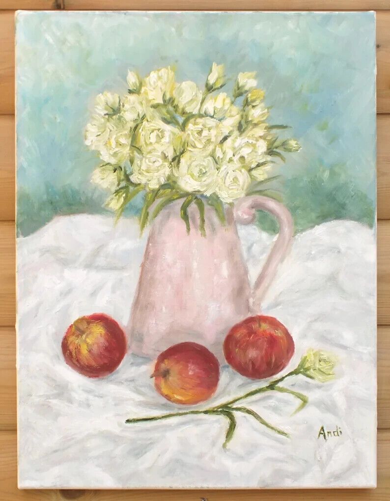 Original Signed Oil Painting Red Apples, Lisianthus Floral Flowers Andi J Lucas photo furniture