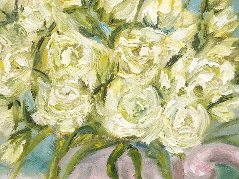 Original Signed Oil Painting Red Apples, Lisianthus Floral Flowers Andi J Lucas photo for sale