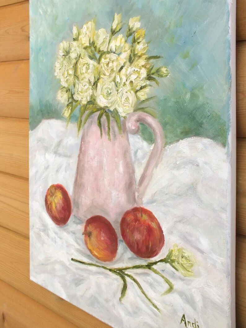 Original Signed Oil Painting Red Apples, Lisianthus Floral Flowers Andi J Lucas photo buy