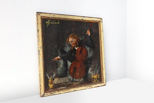 photo furniture S. Gil, Cellist In A Theater In Paris, 20th Century, Painting On Wood, Framed