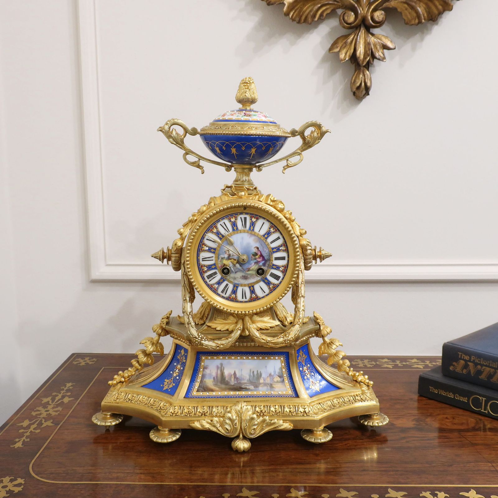 French Louis XVI Style Bronze Gilt & Porcelain Mantel Clock By Japy Freres