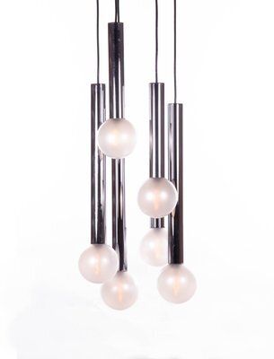 6 Light Chrome & Pearlized Glass Globe Ceiling Lamp By Motoko Ishii For Staff, 1970s