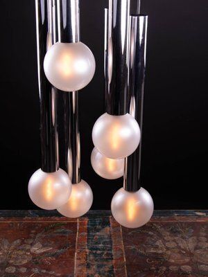 6 Light Chrome & Pearlized Glass Globe Ceiling Lamp By Motoko Ishii For Staff, 1970s photo furniture