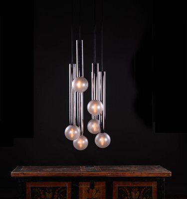 photo furniture 6 Light Chrome & Pearlized Glass Globe Ceiling Lamp By Motoko Ishii For Staff, 1970s