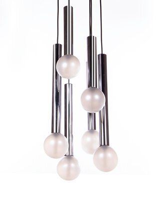 photo for sale 6 Light Chrome & Pearlized Glass Globe Ceiling Lamp By Motoko Ishii For Staff, 1970s