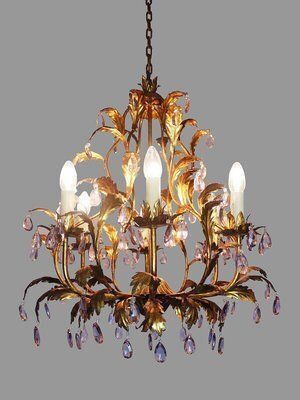 Italian Violet Crystal And Golden Frame Basket Chandelier, 1960s photo furniture