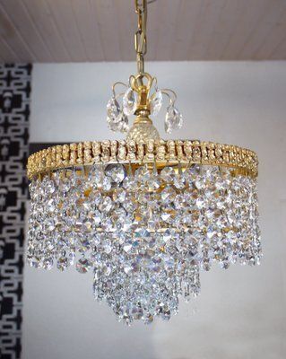 German Gilt Brass And Crystal Chandelier From Palwa, 1960s