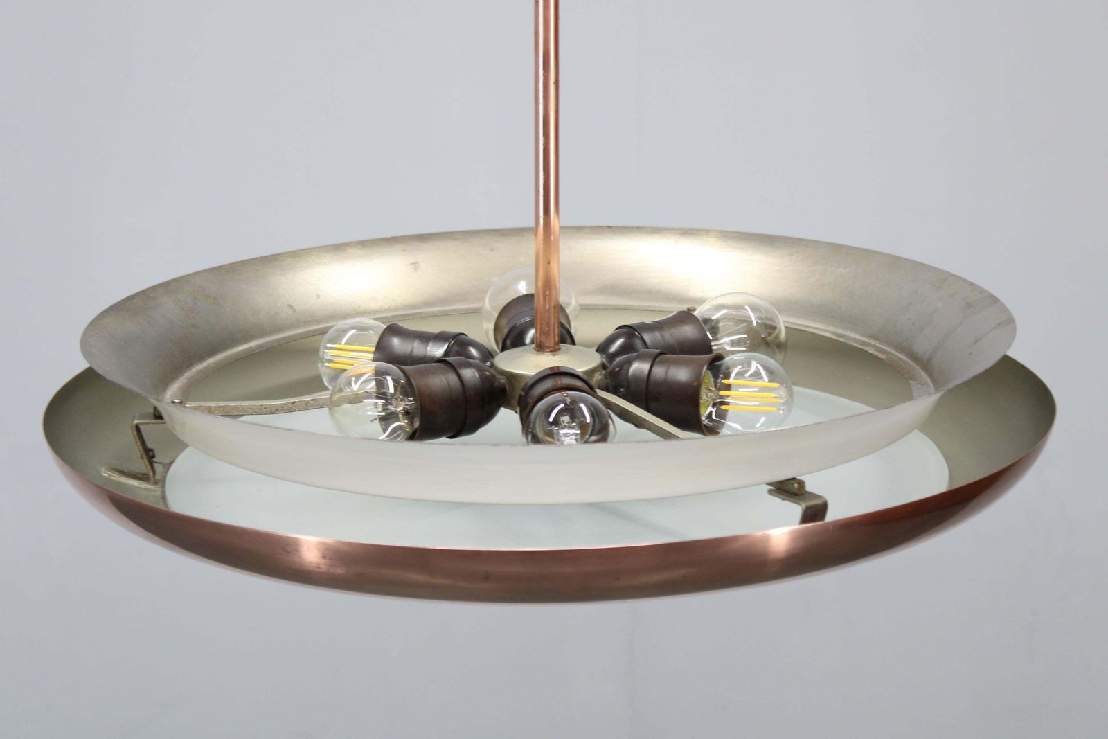 1930s Bauhaus "Ufo" Chandelier In Copper Finish By Josef Hurka, Czechoslovakia photo Lighting