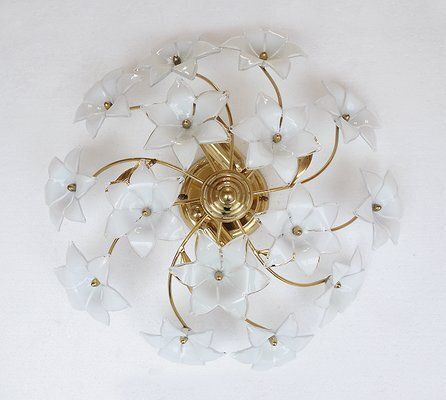 Italian Murano Glass And Gilt Brass Ceiling Lamp, 1970s