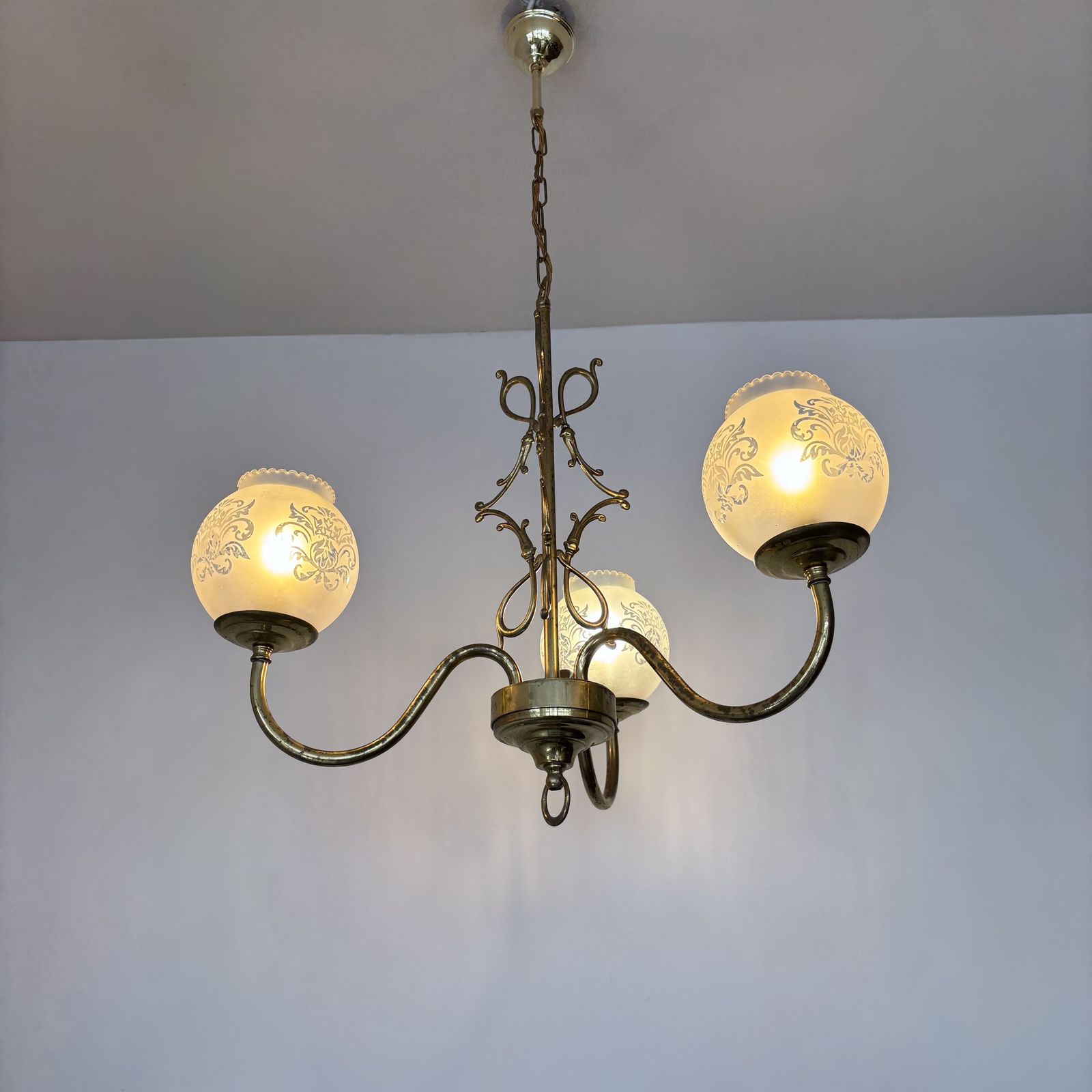 photo for sale Late 20th Century Brass Chandelier With Frosted Globe Shades