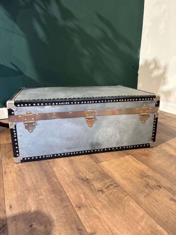 Vintage Metal Clad Trunk With Leather Handle photo furniture